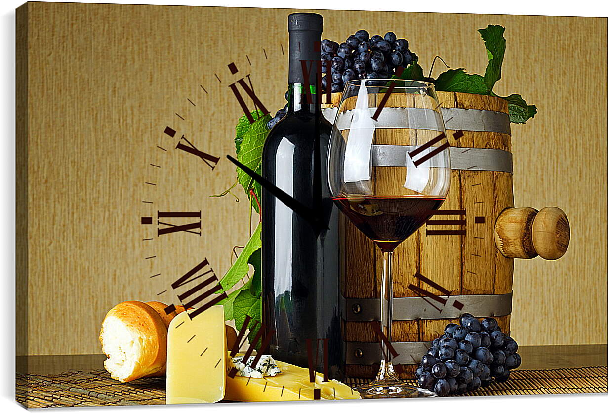 Часы картина - Бочка, булка, сыр, виноград и вино