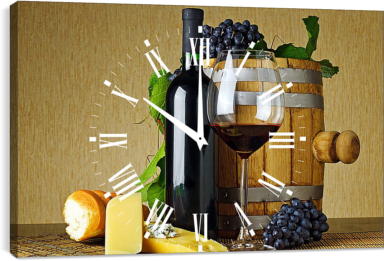 Часы картина - Бочка, булка, сыр, виноград и вино