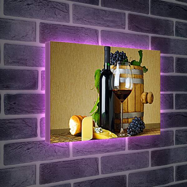 Лайтбокс световая панель - Бочка, булка, сыр, виноград и вино