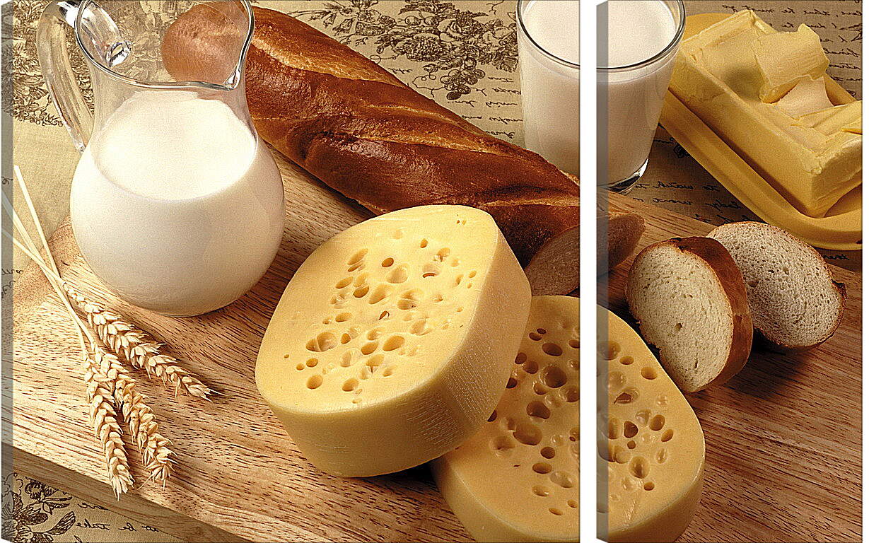 Модульная картина - Батон, сыр, кувшин и стакан молока на столе
