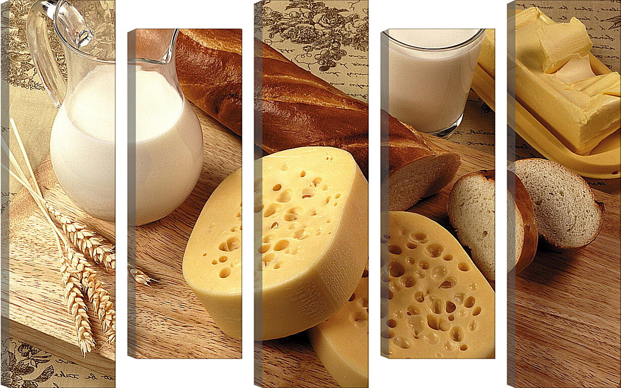 Модульная картина - Батон, сыр, кувшин и стакан молока на столе