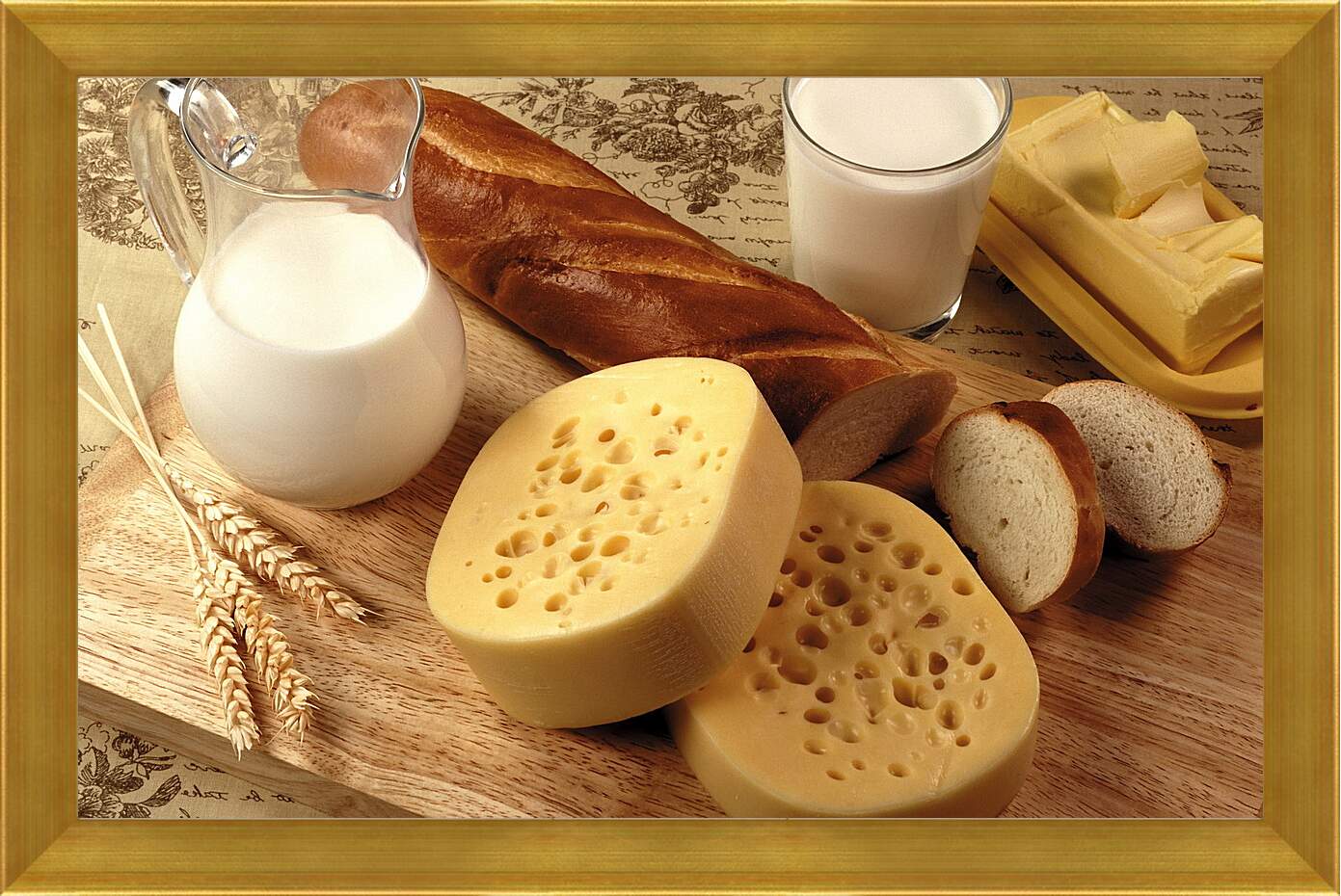 Картина в раме - Батон, сыр, кувшин и стакан молока на столе