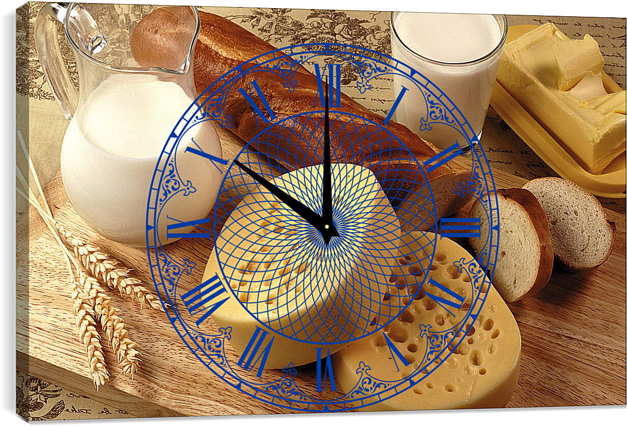 Часы картина - Батон, сыр, кувшин и стакан молока на столе