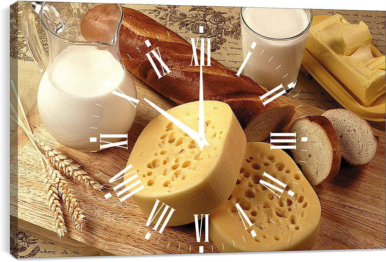 Часы картина - Батон, сыр, кувшин и стакан молока на столе