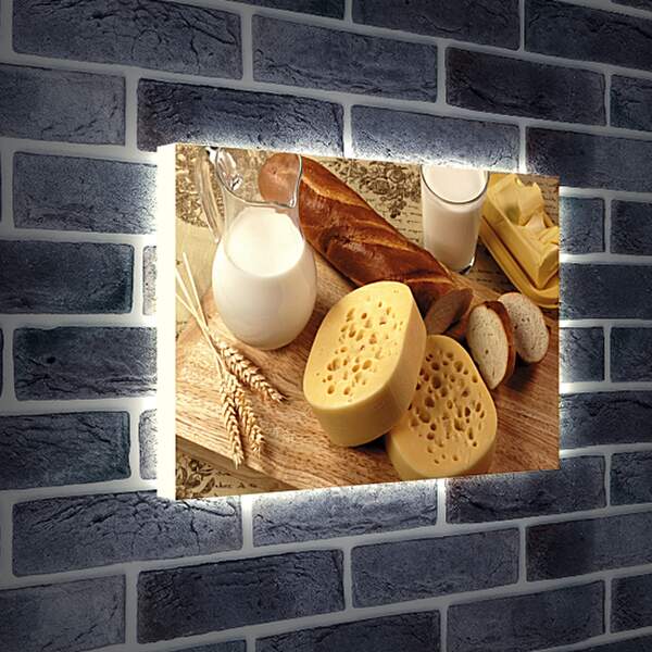 Лайтбокс световая панель - Батон, сыр, кувшин и стакан молока на столе