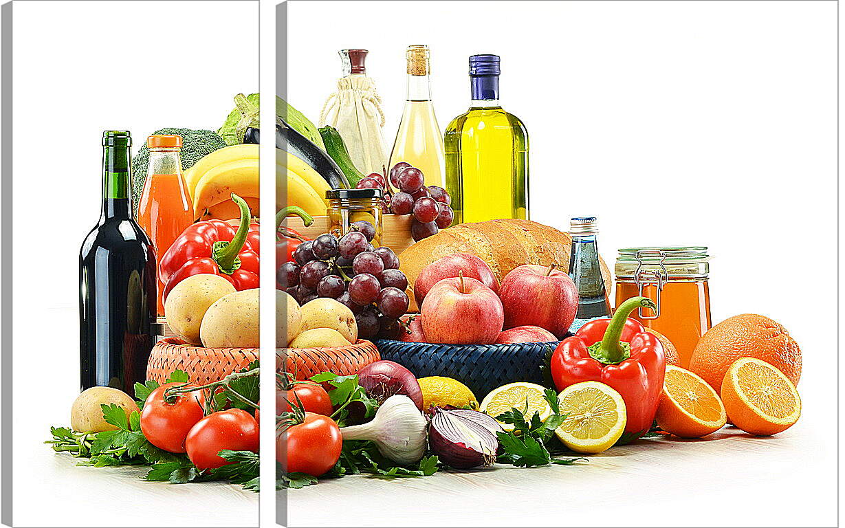 Модульная картина - Несколько бутылок, зелень, фрукты и овощи
