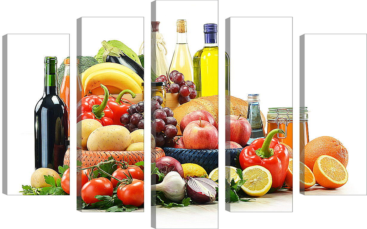 Модульная картина - Несколько бутылок, зелень, фрукты и овощи