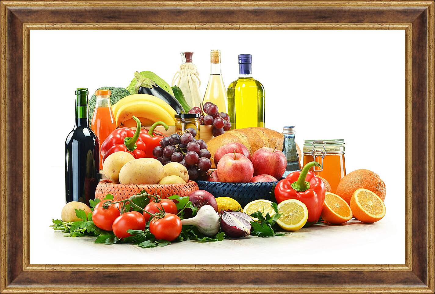 Картина в раме - Несколько бутылок, зелень, фрукты и овощи