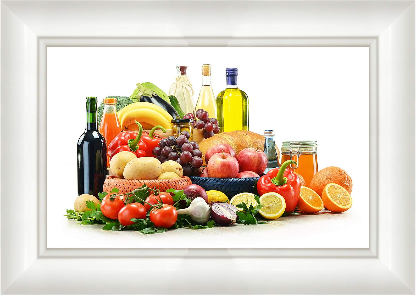 Картина в раме - Несколько бутылок, зелень, фрукты и овощи