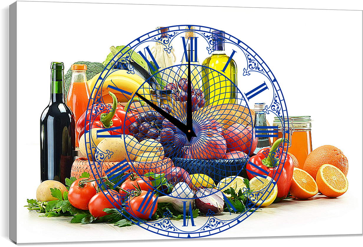 Часы картина - Несколько бутылок, зелень, фрукты и овощи