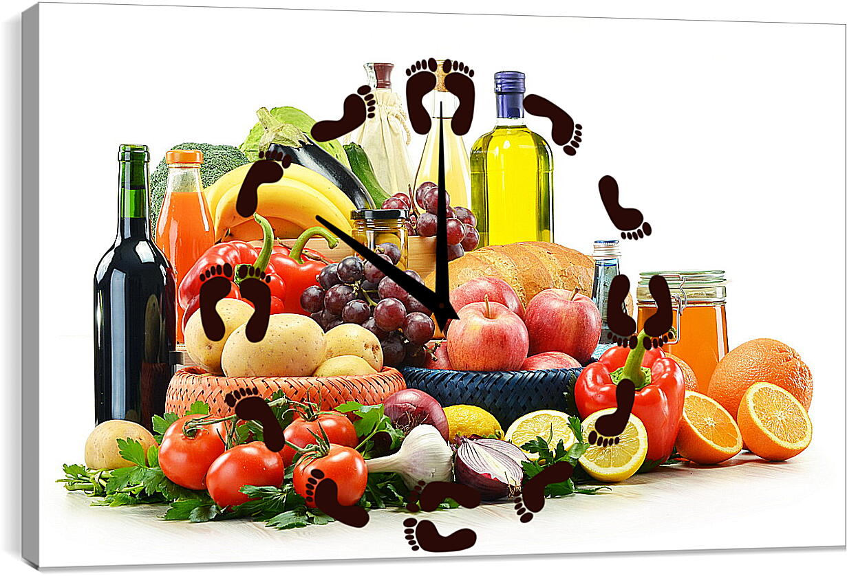 Часы картина - Несколько бутылок, зелень, фрукты и овощи