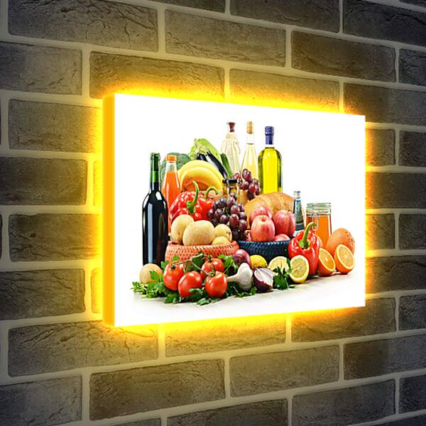 Лайтбокс световая панель - Несколько бутылок, зелень, фрукты и овощи