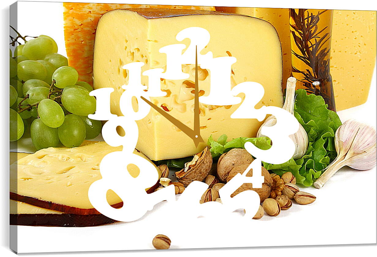Часы картина - Виноград, сыр, орехи и чеснок