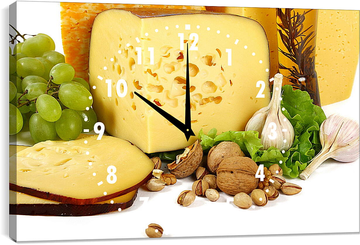 Часы картина - Виноград, сыр, орехи и чеснок