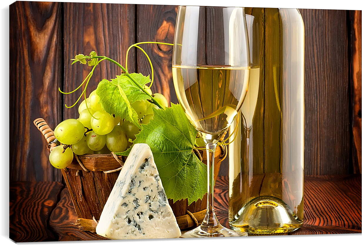 Постер и плакат - Кусочек сыра, виноград и бокал белого вина