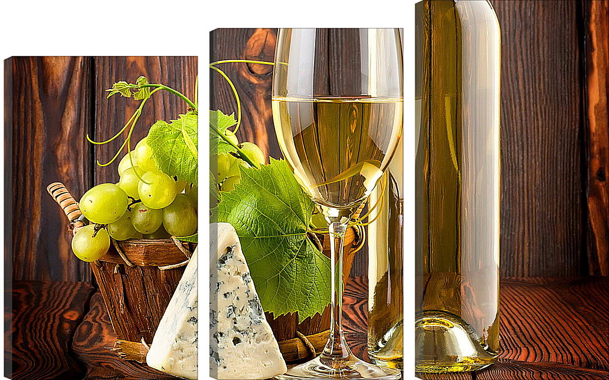 Модульная картина - Кусочек сыра, виноград и бокал белого вина