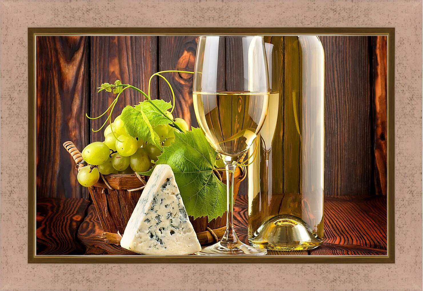 Картина в раме - Кусочек сыра, виноград и бокал белого вина
