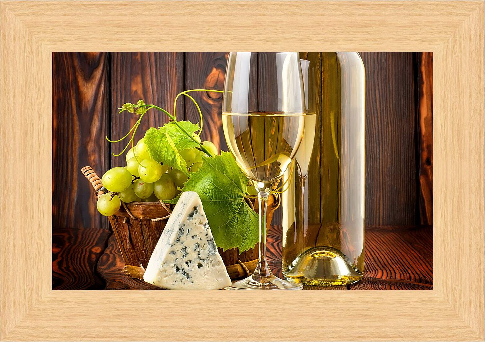 Картина в раме - Кусочек сыра, виноград и бокал белого вина