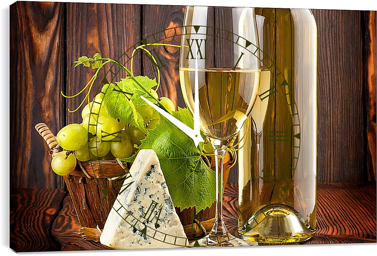 Часы картина - Кусочек сыра, виноград и бокал белого вина