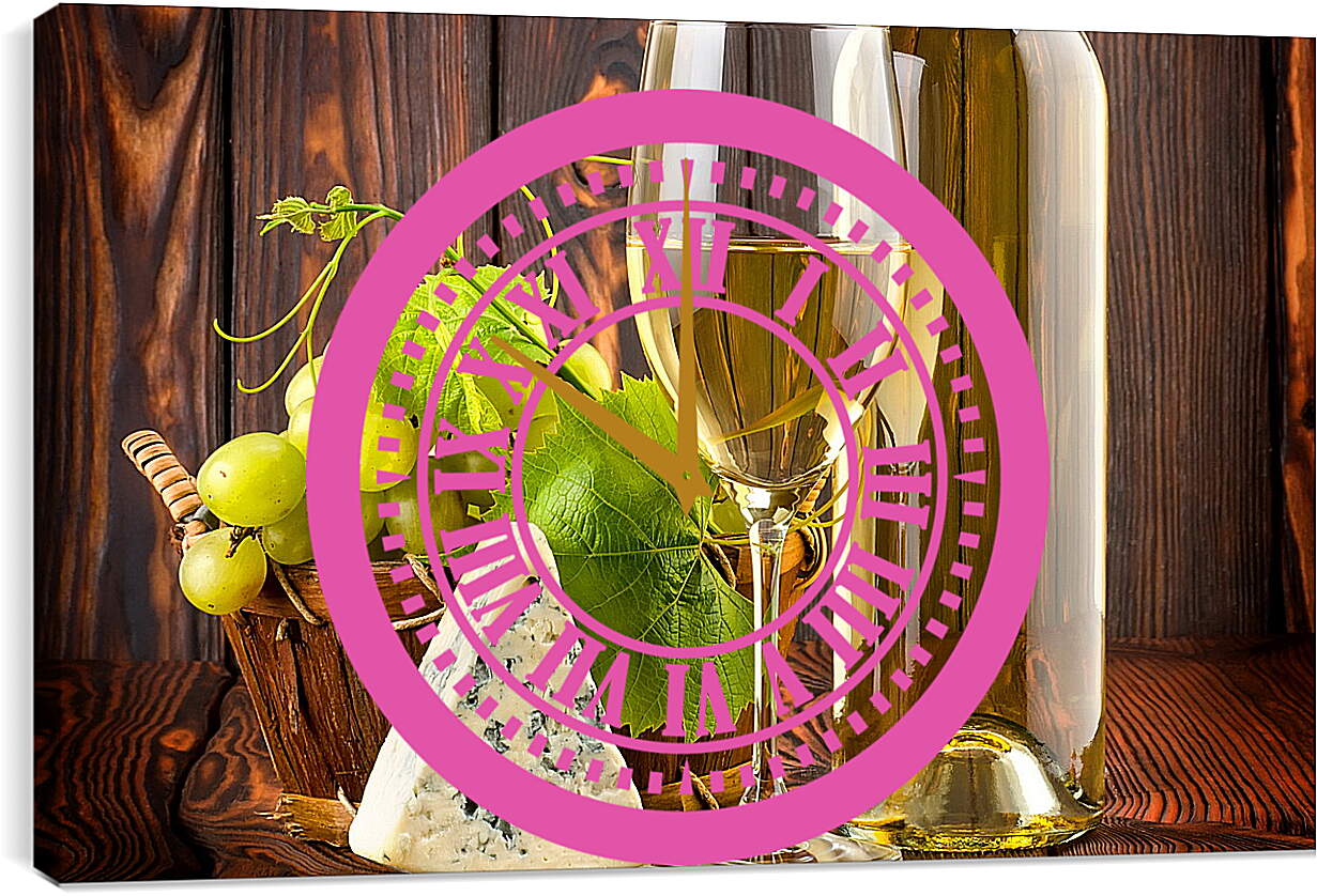 Часы картина - Кусочек сыра, виноград и бокал белого вина
