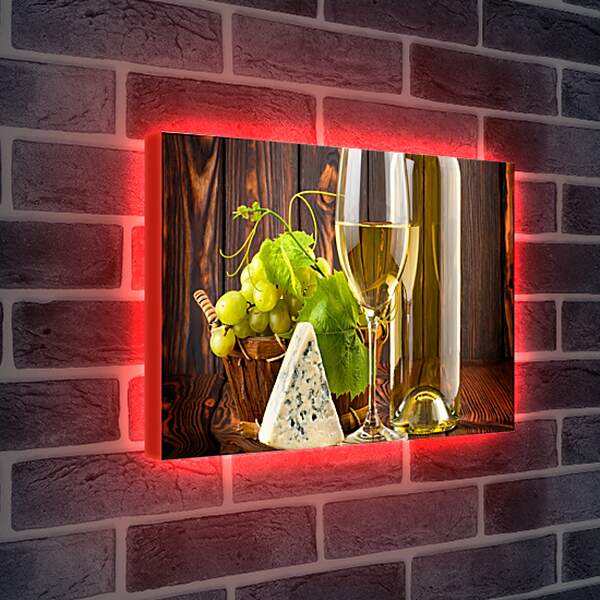 Лайтбокс световая панель - Кусочек сыра, виноград и бокал белого вина