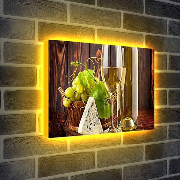 Лайтбокс световая панель - Кусочек сыра, виноград и бокал белого вина