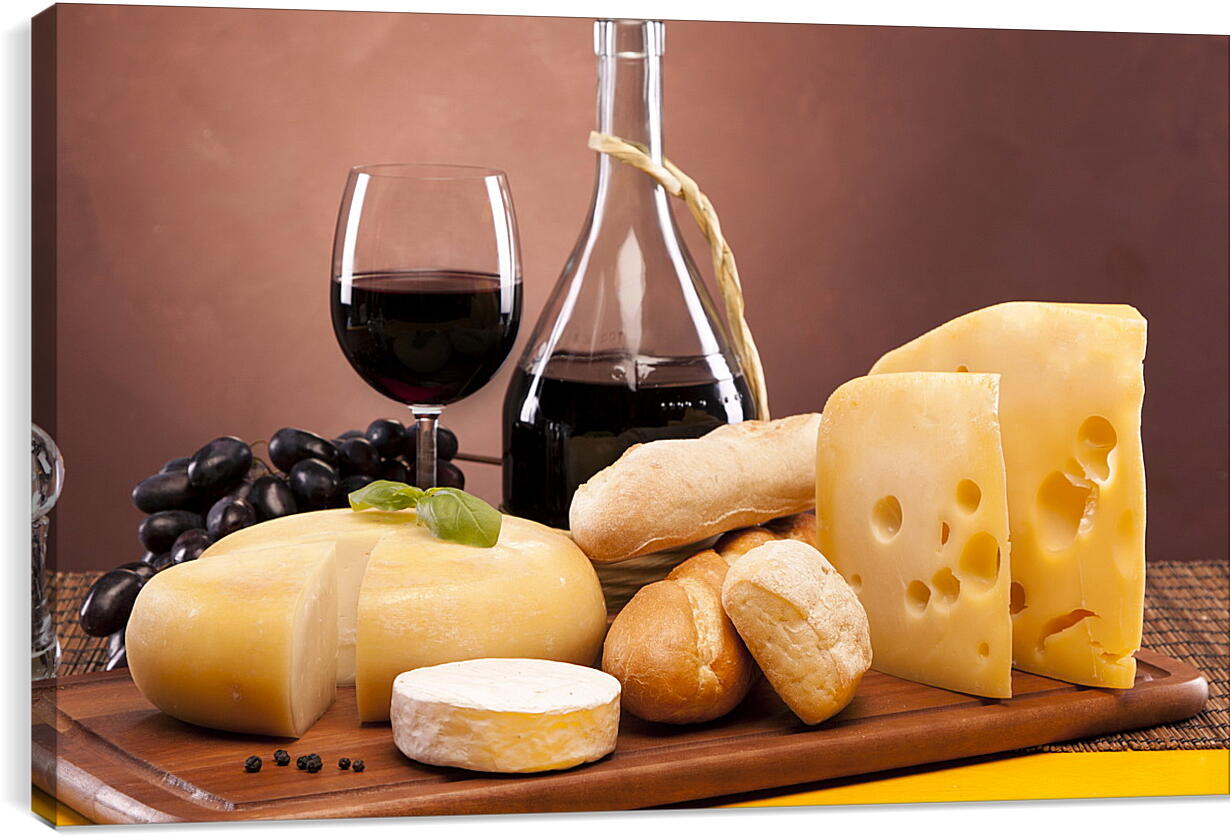 Постер и плакат - Хлеб, сыр, виноград и вино