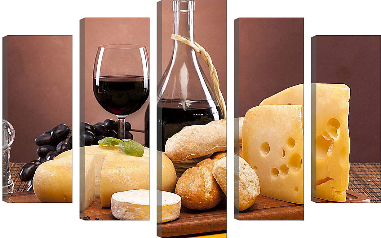 Модульная картина - Хлеб, сыр, виноград и вино