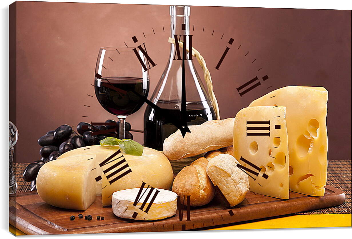 Часы картина - Хлеб, сыр, виноград и вино