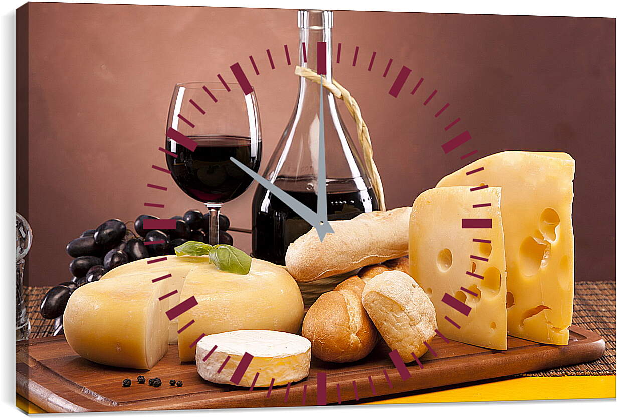 Часы картина - Хлеб, сыр, виноград и вино