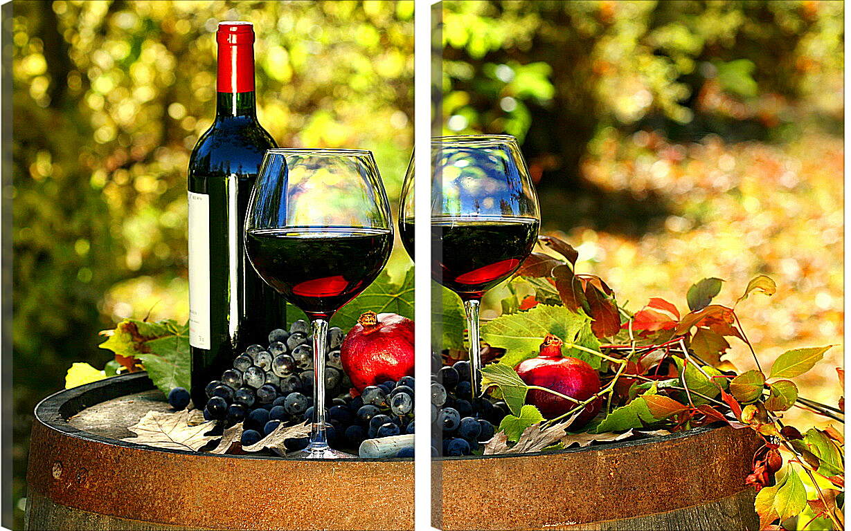 Модульная картина - Бутылка и два бокала вина на природе