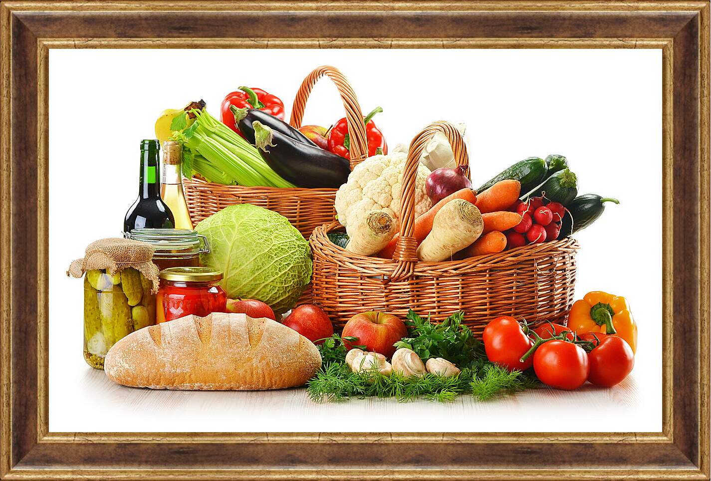Картина в раме - Бутылка вина, хлеб и две корзины овощей и фруктов