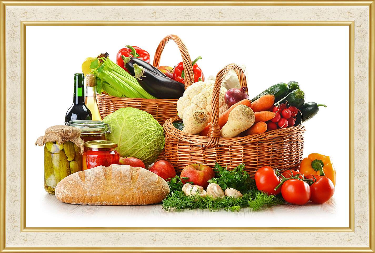 Картина в раме - Бутылка вина, хлеб и две корзины овощей и фруктов