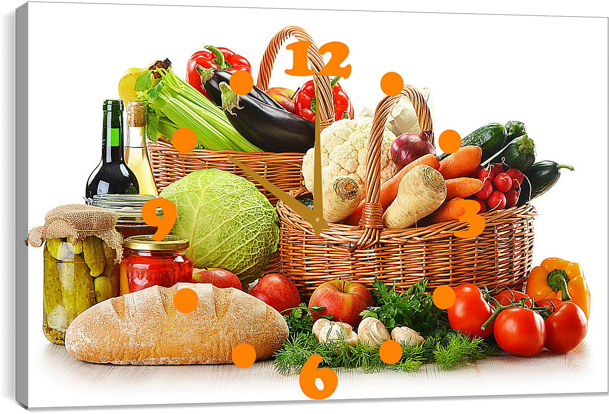Часы картина - Бутылка вина, хлеб и две корзины овощей и фруктов
