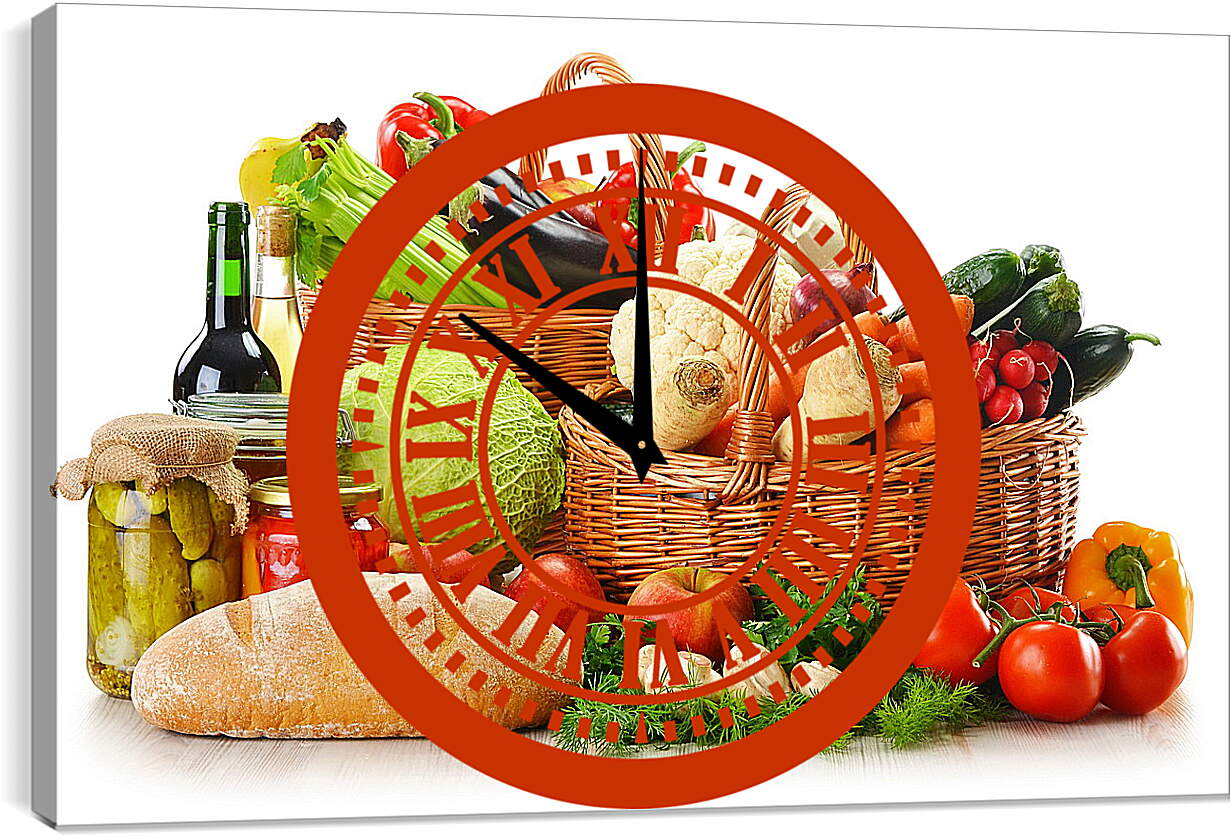 Часы картина - Бутылка вина, хлеб и две корзины овощей и фруктов
