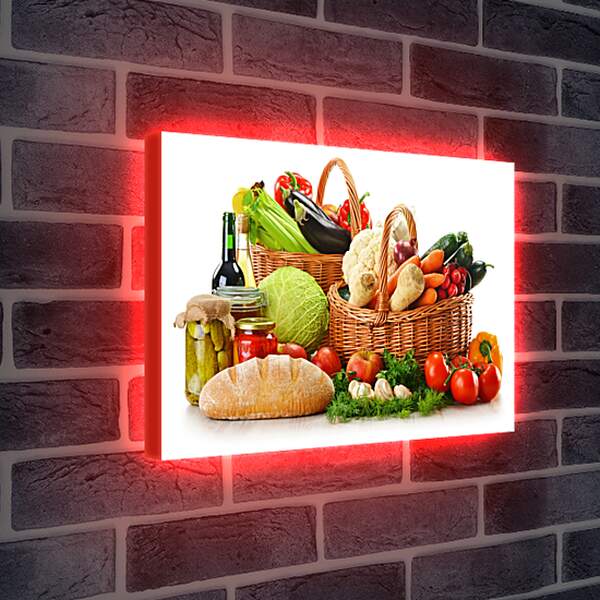 Лайтбокс световая панель - Бутылка вина, хлеб и две корзины овощей и фруктов