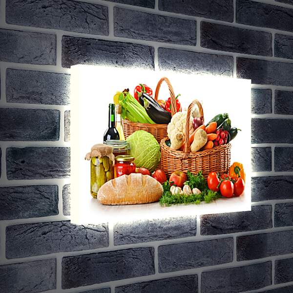 Лайтбокс световая панель - Бутылка вина, хлеб и две корзины овощей и фруктов