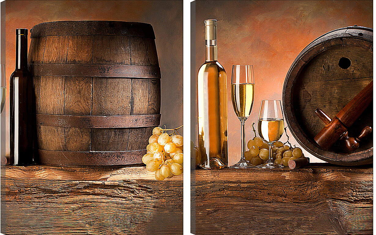 Модульная картина - Две грозди винограда, бочки и вино