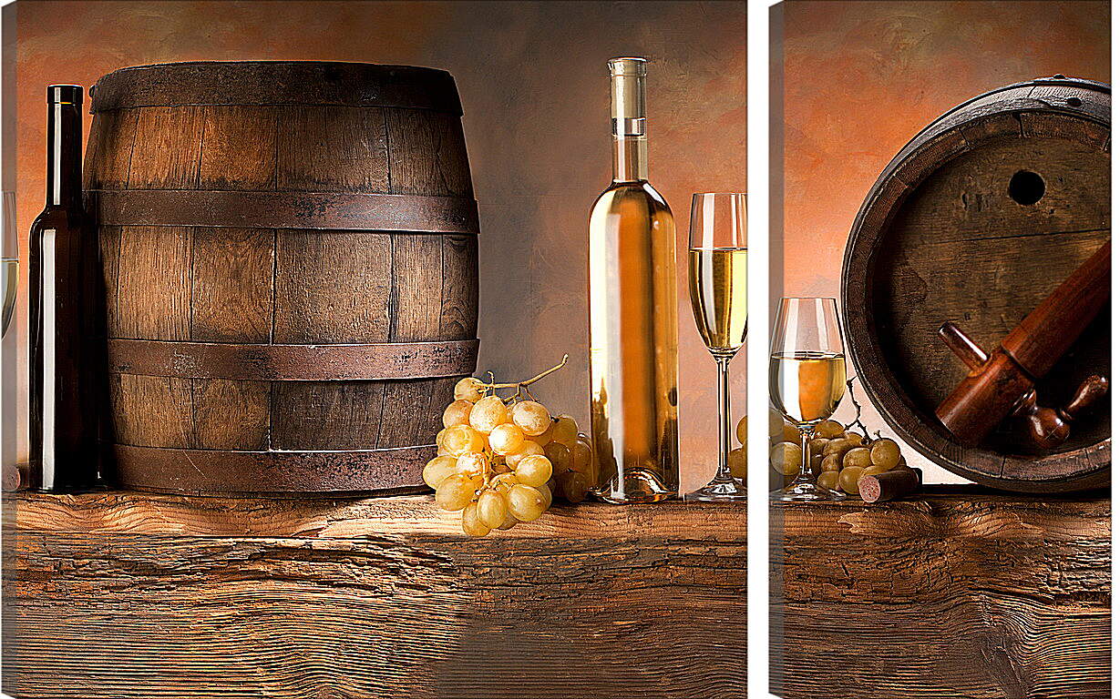 Модульная картина - Две грозди винограда, бочки и вино