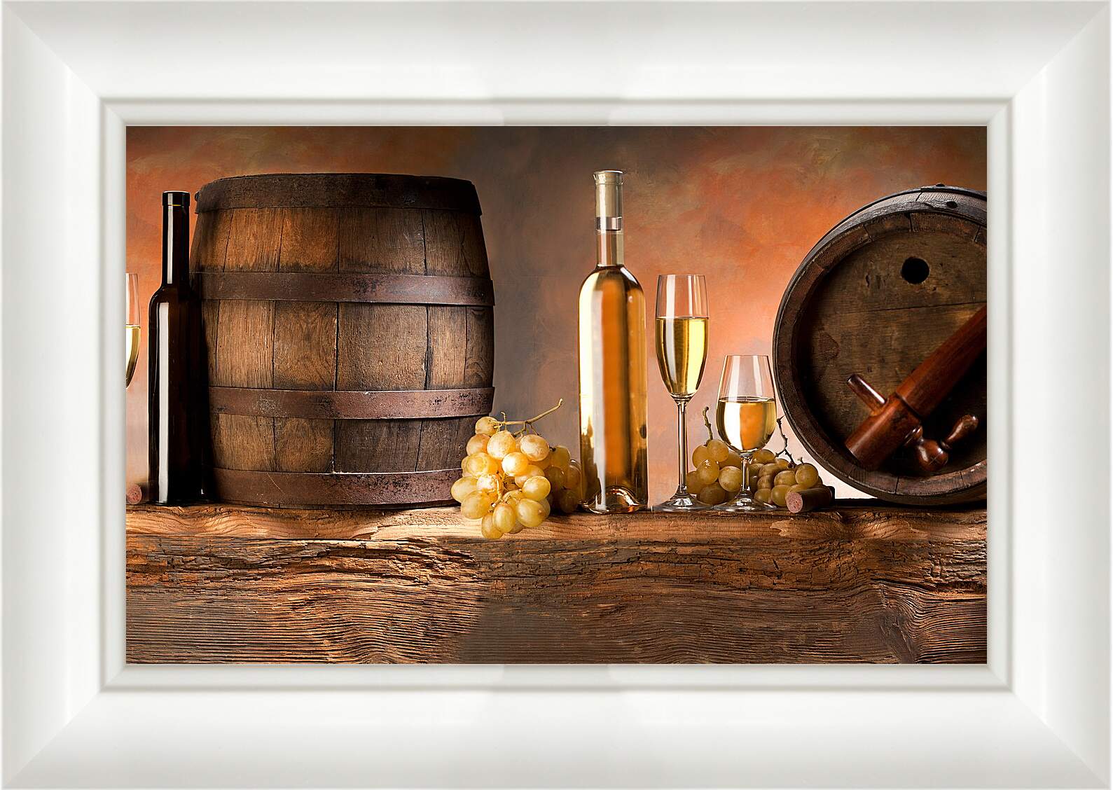 Картина в раме - Две грозди винограда, бочки и вино