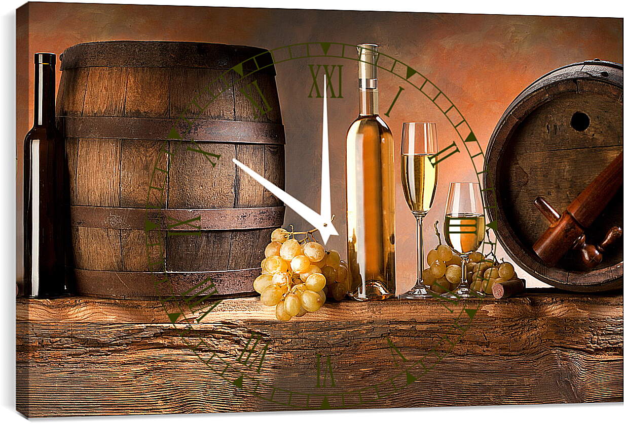 Часы картина - Две грозди винограда, бочки и вино