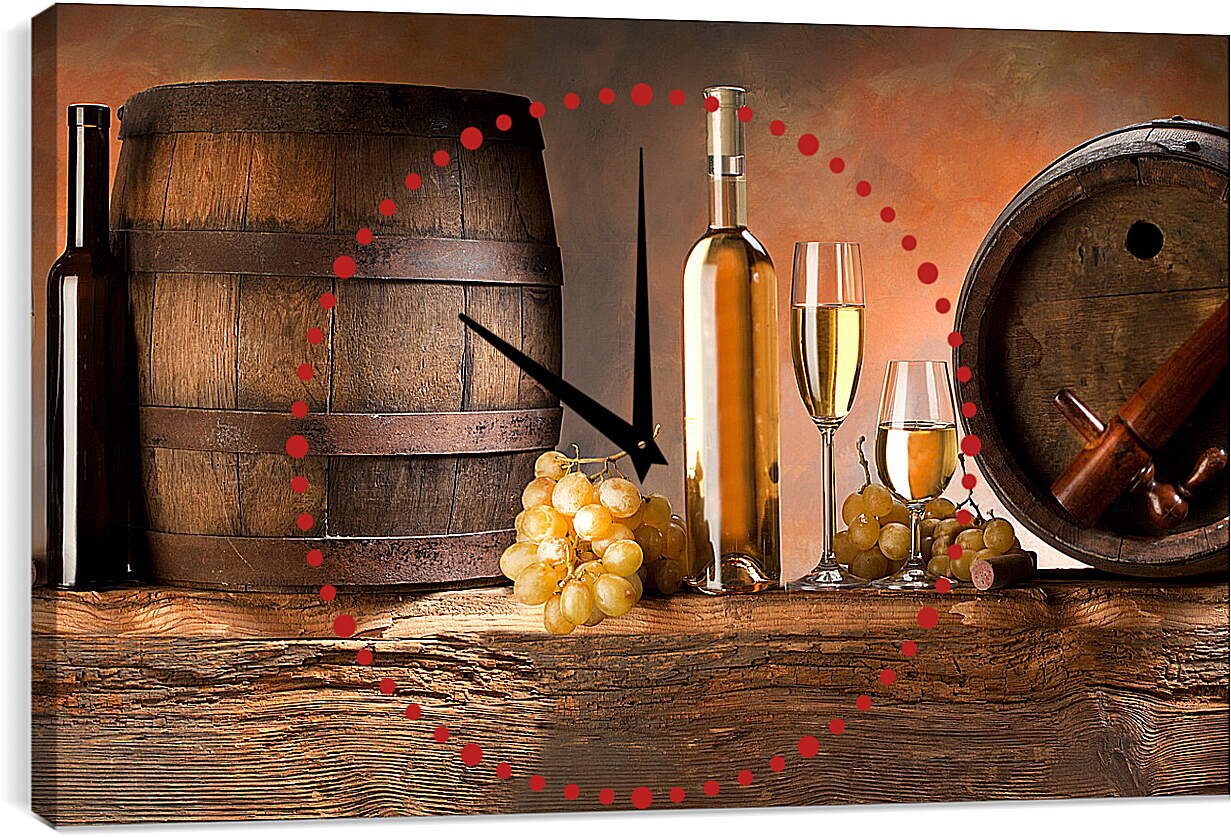 Часы картина - Две грозди винограда, бочки и вино