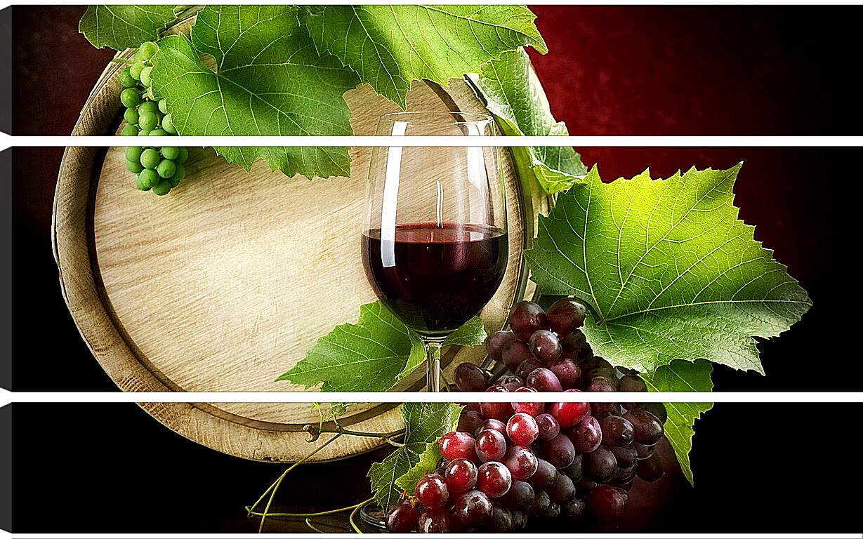 Модульная картина - Дубовая бочка вина, бокал и виноград