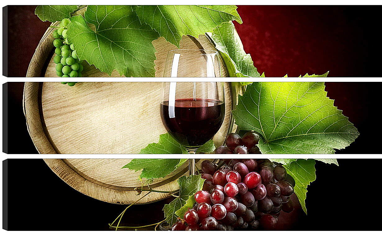 Модульная картина - Дубовая бочка вина, бокал и виноград