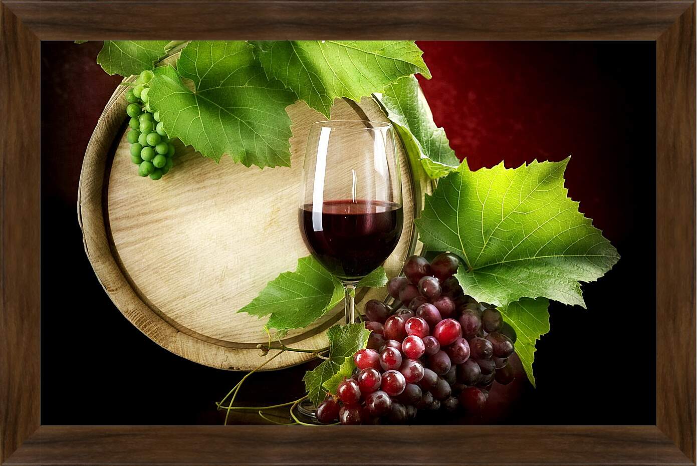 Картина в раме - Дубовая бочка вина, бокал и виноград