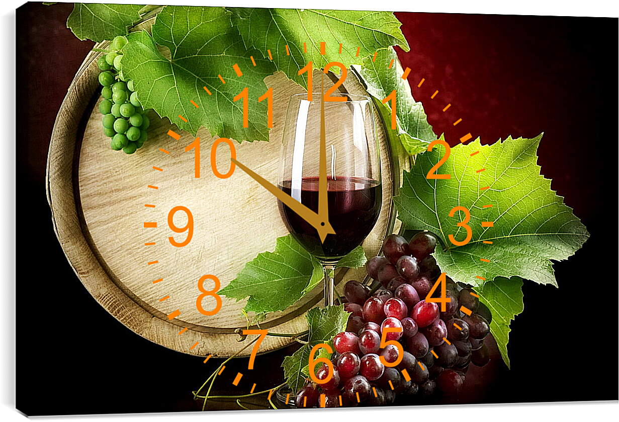 Часы картина - Дубовая бочка вина, бокал и виноград