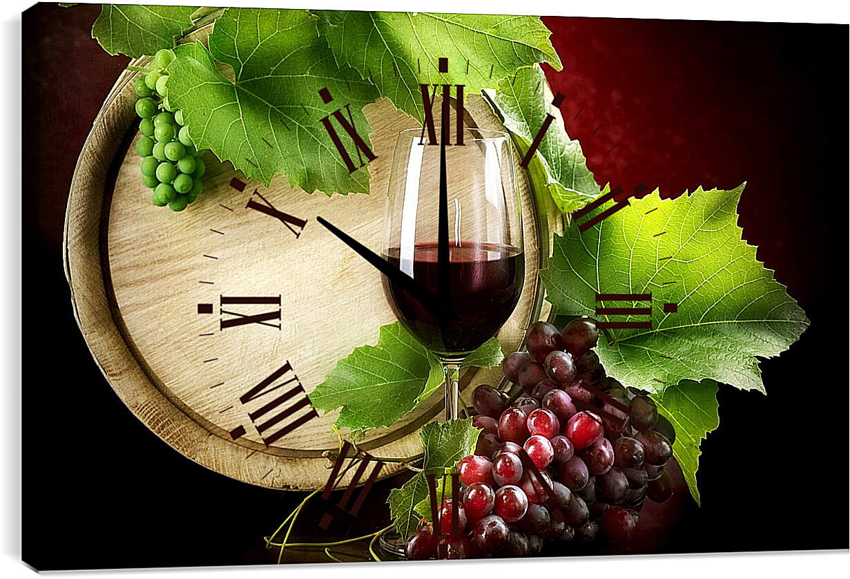Часы картина - Дубовая бочка вина, бокал и виноград