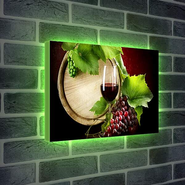 Лайтбокс световая панель - Дубовая бочка вина, бокал и виноград