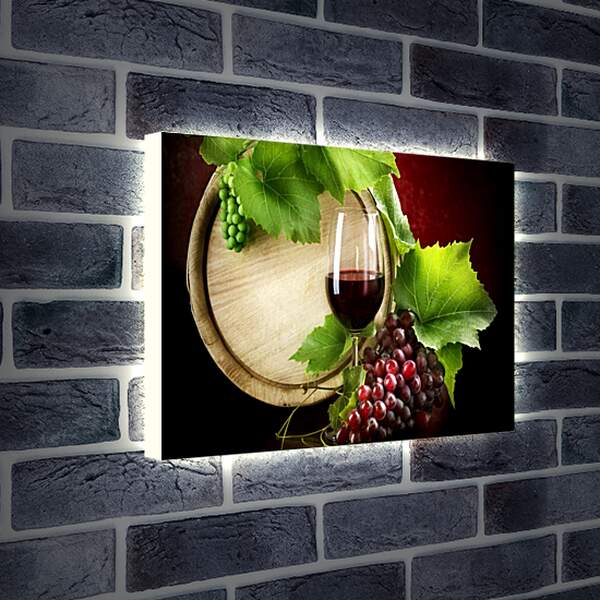 Лайтбокс световая панель - Дубовая бочка вина, бокал и виноград