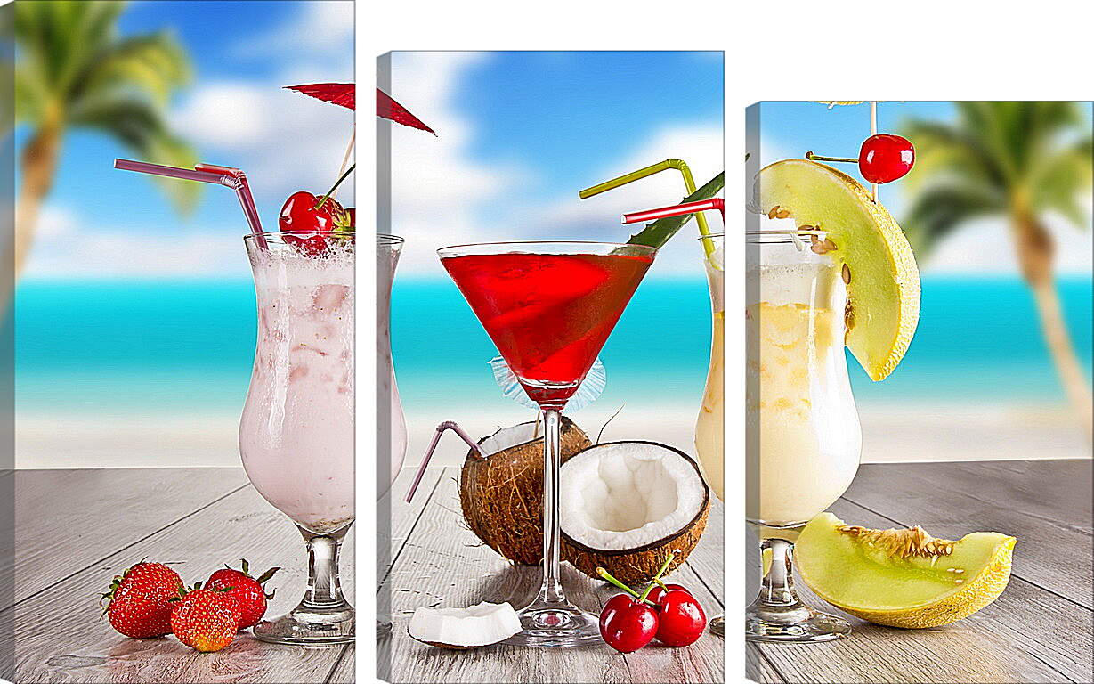 Модульная картина - Клубника, вишня и три  коктейля